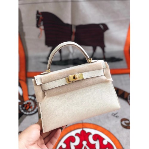 Hermes Original Mini Kelly Chevre Mysore K19CM Weiß & Gold Metall