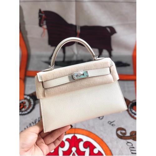 Hermes Original Mini Kelly Chevre Mysore K19CM Weiß & Silber Metall