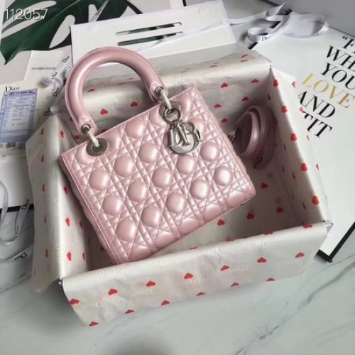 LADY DIOR TASCHE AUS LAMMLEDER CAL44550 pink&silberfarbenes Metall