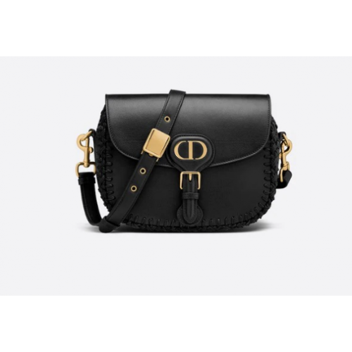 MITTLERE DIOR BOBBY TASCHE Genarbtes Kalbsleder in Schwarz mit Steppnähten M9319UB