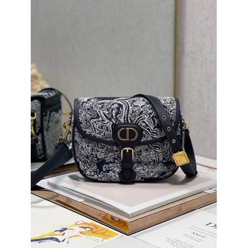 MITTLERE DIOR BOBBY TASCHE Warm Taupe Box Oblique Embroidery C9268 dunkelblau