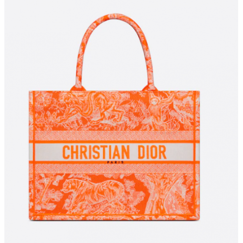 MITTLERE DIOR BOOK TOTE Toile de Jouy-Stickerei in Neonorange M1296ZROC