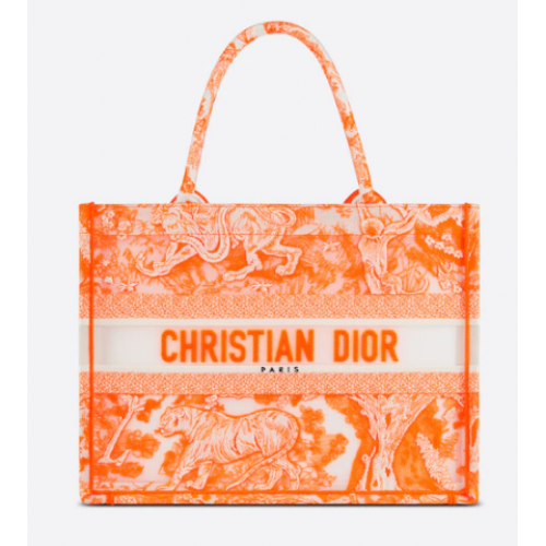 MITTLERE DIOR BOOK TOTE Toile de Jouy Transparenter Canvas in Fluoreszierendem Orange M1296ZRVJ