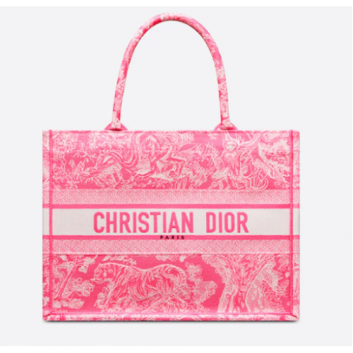 MITTLERE DIOR BOOK TOTE Toile de Jouy-Stickerei in Neonrosa M1296ZROC