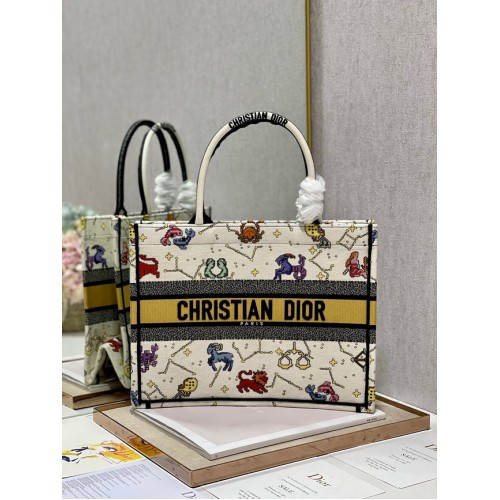 MITTLERE DIOR BOOK TOTE Latte Multicolor Dior Pixel Zodiac Stickerei M1296ZRUV