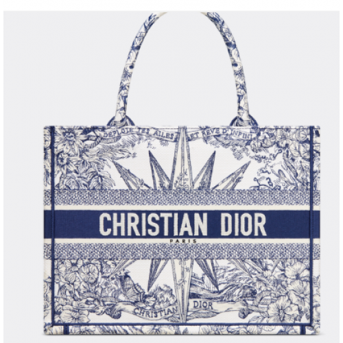 MITTLERE DIOR BOOK TOTE Weiß und Blau Reve d Infini-Stickerei M1296ZR