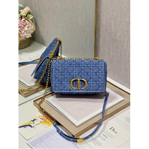 MITTLERE DIOR CARO TASCHE Macrocannage Tweed-Stickerei M9242 blau