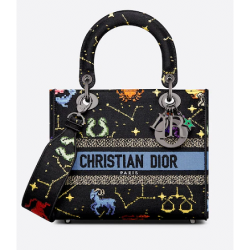 MITTLERE LADY D-LITE TASCHE Schwarz Multicolor Dior Pixel Zodiac Stickerei M0565BRTY