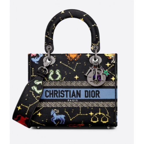 MITTLERE LADY D-LITE TASCHE Schwarz Multicolor Dior Pixel Zodiac Stickerei M0565BRTY