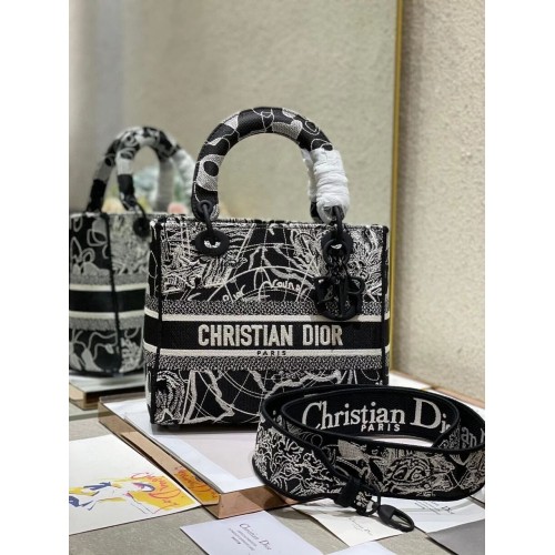 MITTLERE LADY D-LITE TASCHE Schwarz-weiße Kugelstickerei M0565O