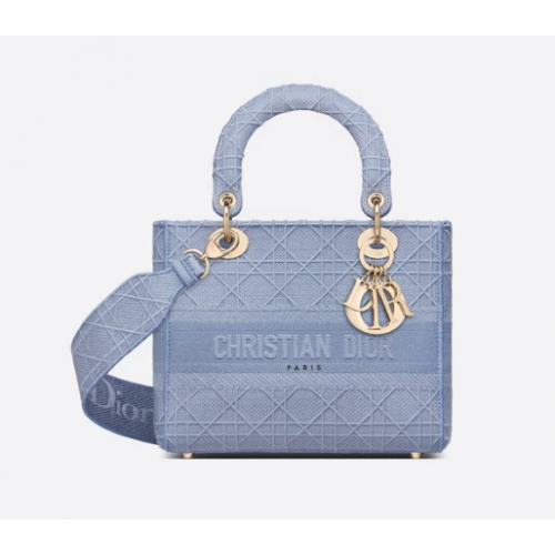 MITTLERE LADY D-LITE TASCHE Jeansblaue Cannage-Stickerei M0565OR