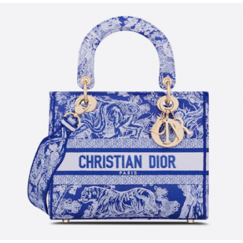 MITTLERE LADY D-LITE TASCHE Fluoreszierend blaue Toile de Jouy-Stickerei auf der Rückseite M0565OROC