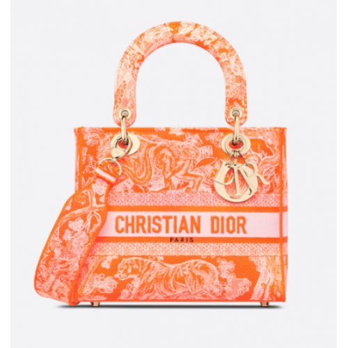 MITTLERE LADY D-LITE TASCHE Fluoreszierendes Orange Toile de Jouy Rückseitenstickerei M0565ORO