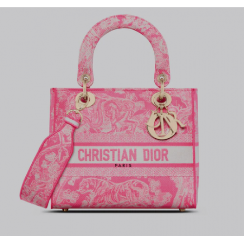 MITTLERE LADY D-LITE TASCHE Neonrosa Toile de Jouy-Stickerei auf der Rückseite M0565OROC