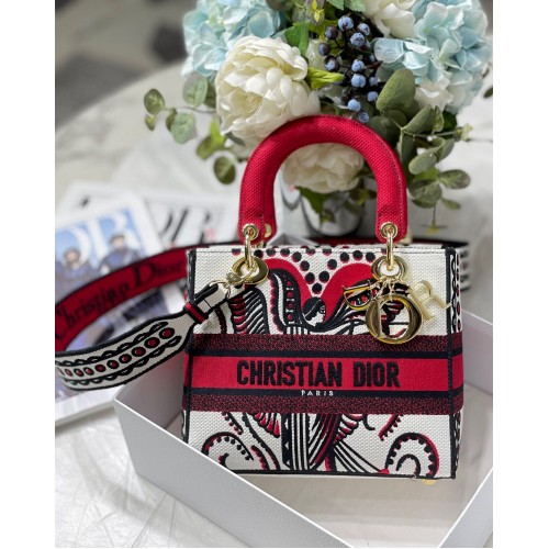 MITTLERE LADY D-LITE TASCHE M8002 Rote, mehrfarbige Dior Arabesque-Stickerei