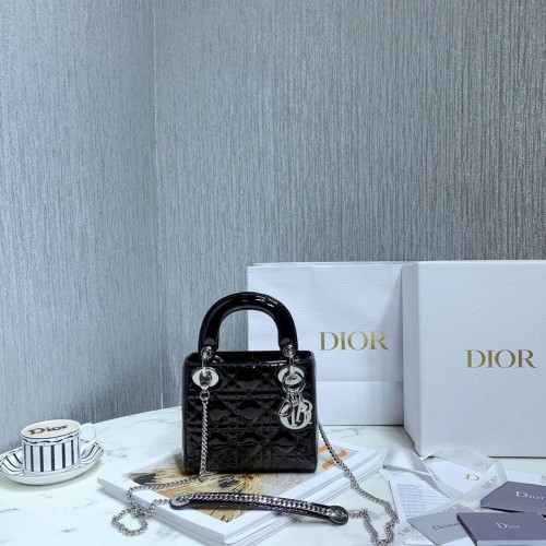 MINI LADY DIOR TASCHE Schwarzes Cannage-Kalbslackleder M0566OW Silberne Hardware