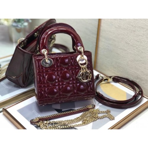 MINI LADY DIOR TASCHE Cannage Kalbsleder M0505O Lackleder bordeaux