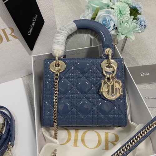 MINI LADY DIOR TASCHE Cannage-Kalbslackleder M0566OW Blau&Gold