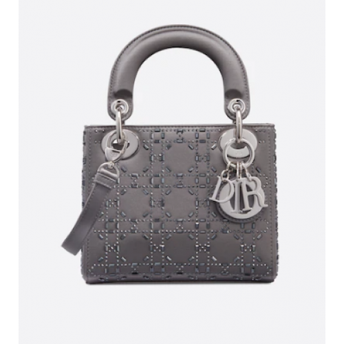 MINI LADY DIOR TASCHE Strass Cannage Satin M0500P grau