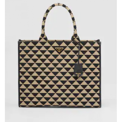 Prada Große Prada Symbole Jacquard-Stoff Handtasche 1BR255 Schwarz&Beige