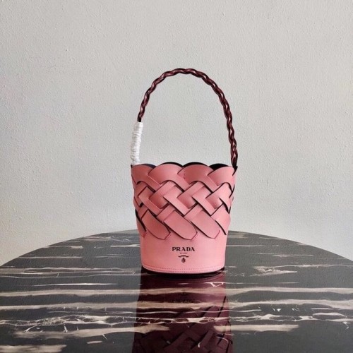 Prada Original Leather Woven Pattern Bucket Bag 1BG049 rosa