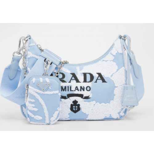 Prada Re-Edition 2006 bestickte Drill Umhängetasche 1BH204 Himmelblau