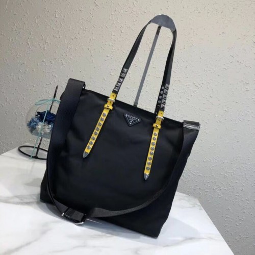 Prada Tote aus Saffiano-Leder und Nylon 1BG212 schwarz&gelb