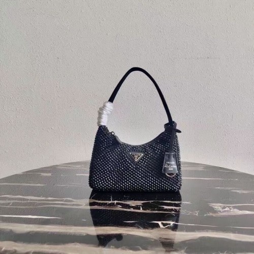 Prada Mini-Tasche aus Satin mit künstlichen Kristallen 1BE515 schwarz