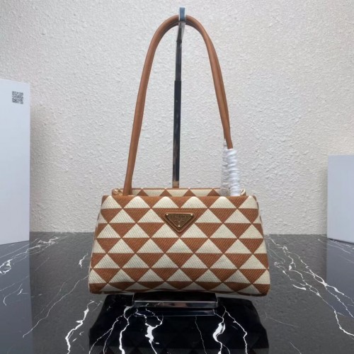 Prada Kleine bestickte Symbole-Tasche aus Stoff 1BA368 weiß&braun