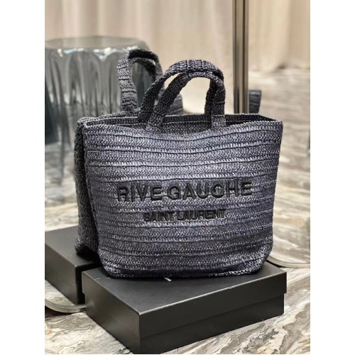 SAINT LAURENT RIVE GAUCHE FLEXIBLE TRAGETASCHE AUS HÄKELRAFFIA 688864 schwarz