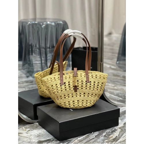 SAINT LAUREN KLEINE TASCHE PANIER AUS HÄKELRAFFIA UND GLATTEM LEDER 685618 NATUR