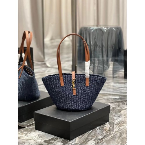 SAINT LAUREN KLEINE TASCHE PANIER AUS HÄKELRAFFIA UND GLATTEM LEDER 685618 dunkelblau