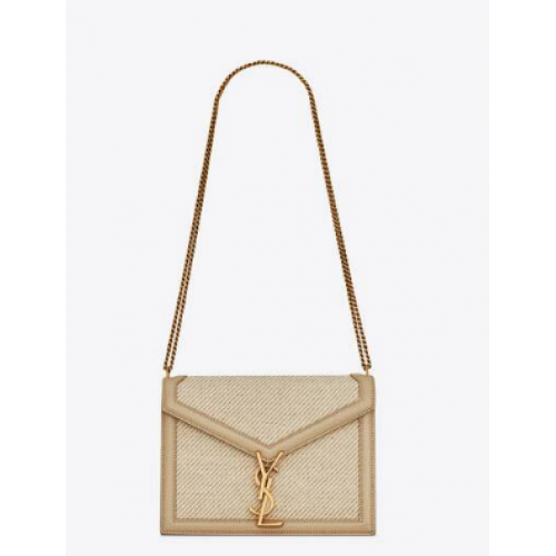 SAINT LAURENT CASSANDRA MITTLERE KETTENTASCHE AUS CANVAS UND SAINT LAURENT-LEDER BOX 532750 BEIGE ET SEA SALT