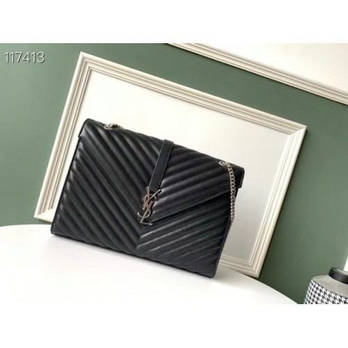 SAINT LAURENT GROSSE UMSCHLAGTASCHE AUS MATELASSE-LEDER MIT GRAIN DE POUDRE-PRÄGUNG 600166B SCHWARZ