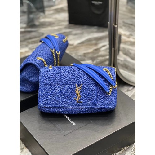 SAINT LAURENT JAMIE MITTLERE KETTENTASCHE CARRE RIVE GAUCHE AUS HÄKELRAFFIA UND GLATTEM LEDER 515821 BLAU