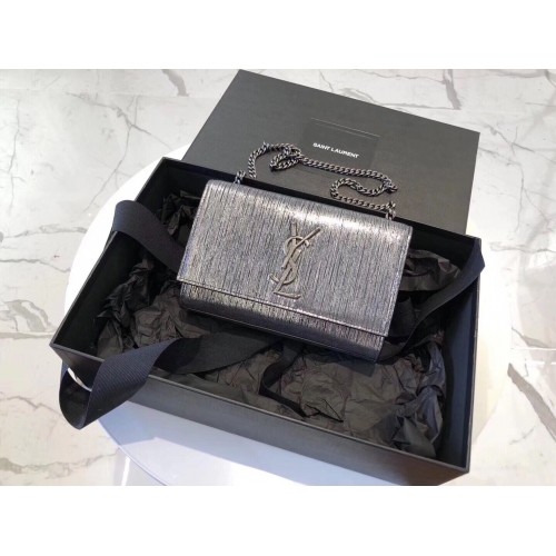 SAINT LAURENT Kate Silver Wire Schultertasche mit Krokoprägung 474366 Silber