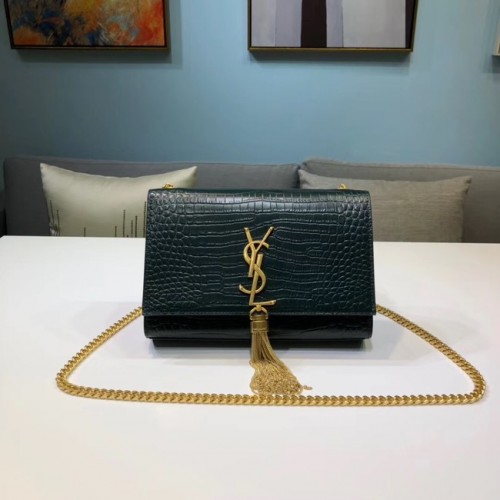 SAINT LAURENT Kate Schultertasche aus Leder mit Krokoprägung 474366 Schwarzgrün