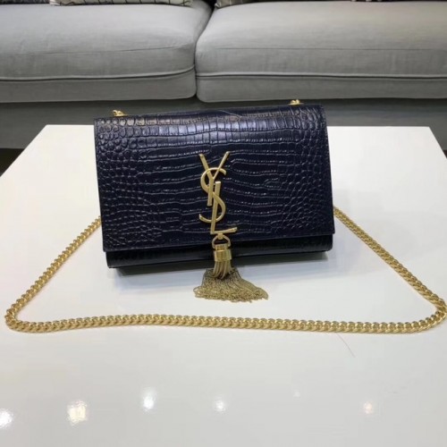 SAINT LAURENT Kate Schultertasche aus Leder mit Krokoprägung 474366 Königsblau