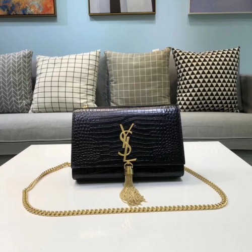 SAINT LAURENT Kate Umhängetasche aus Leder mit Krokoprägung 474366 schwarz