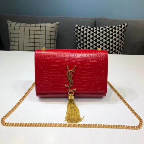 SAINT LAURENT Kate Schultertasche aus Leder mit Krokoprägung 474366 rot