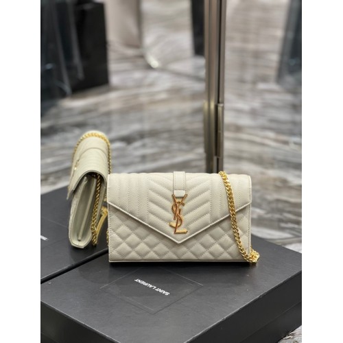 SAINT LAURENT MONOGRAMM KETTENGELDBÖRSE AUS MATELASSE GRAIN DE POUDRE GEPRÄGTEM LEDER 620280 BEIGE&GOLD