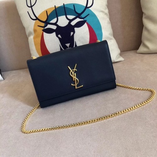 SAINT LAURENT Monogram Kate Mittelgroße Umhängetasche aus gekrispeltem Leder 354021 dunkelblau
