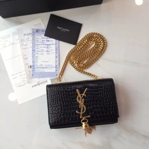 SAINT LAURENT Monogram Kate kleine Schultertasche aus Leder mit Krokoprägung 354120 Schwarz