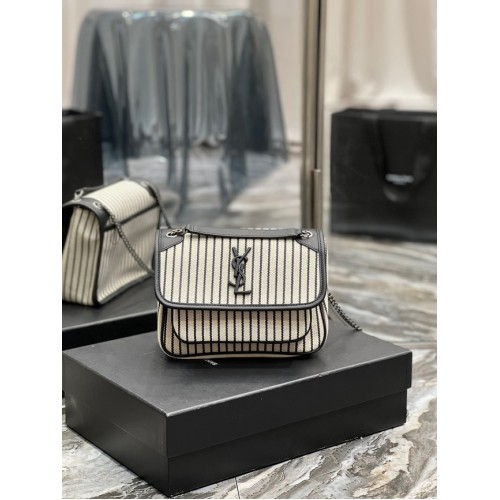 SAINT LAURENT NIKI KLEINE KETTENTASCHE AUS CANVAS 633151 CREME UND SCHWARZ
