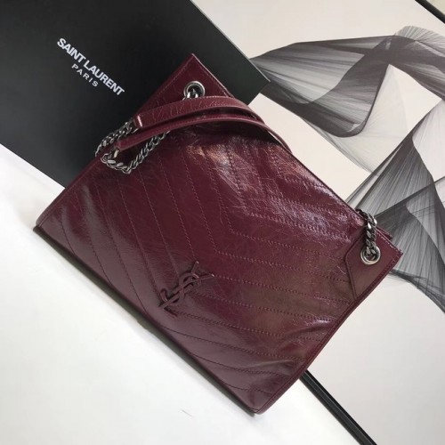 SAINT LAURENT NIKI MITTELGROSSE SHOPPING-TASCHE AUS GEKNAUTEM VINTAGE-LEDER 5814 Burgund