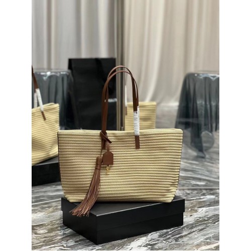 SAINT LAURENT PANIER MITTLERE TASCHE AUS RAFFIA Y811502 TAUPE