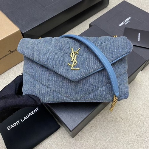 SAINT LAURENT PUFFER CHAIN BAG AUS DENIM UND GLATTLEDER 320333 BLAU