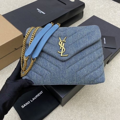SAINT LAURENT PUFFER KLEINE KETTETASCHE AUS DENIM UND GLATTLEDER 392277 BLAU
