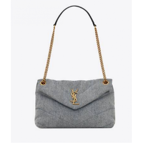 SAINT LAURENT PUFFER KLEINE KETTETASCHE AUS DENIM UND GLATTEM LEDER 577476 BLAU-GRAU