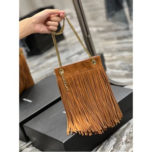 SAINT LAURENT KLEINE KETTETASCHE AUS HELLEM WILDLEDER MIT FRANSEN 683378 braun